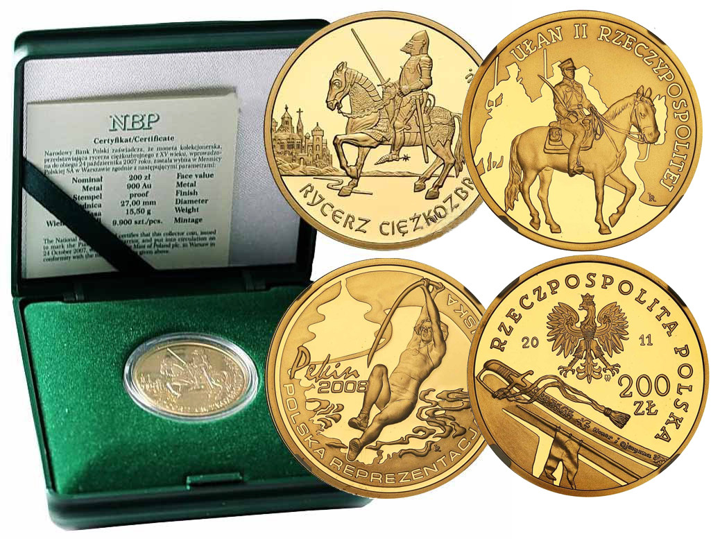 Złota moneta 13,95 g Au NBP 200 zł - różne rodzaje
