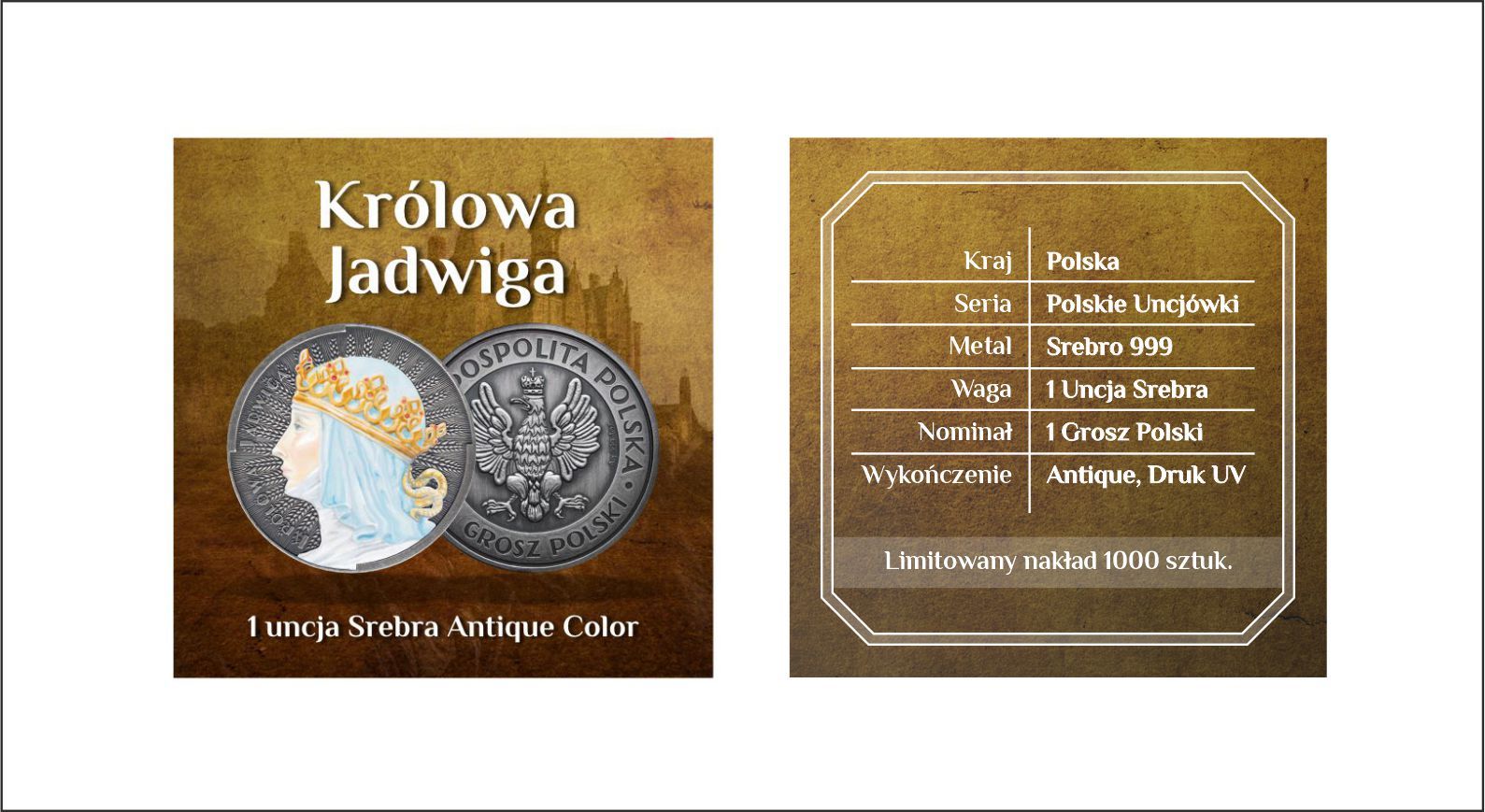Królowa Jadwiga 1 uncja Srebra Antique Color wersja Polska - obrazek 3