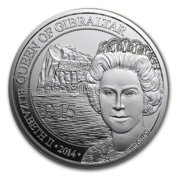 Queen Of Gibraltar 15£ Pounds, 1 uncja Srebra 2014