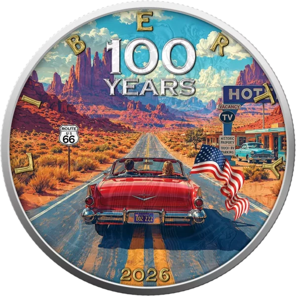 Amerykański Orzeł na 100 lat Route 66 srebrna moneta 1 oz